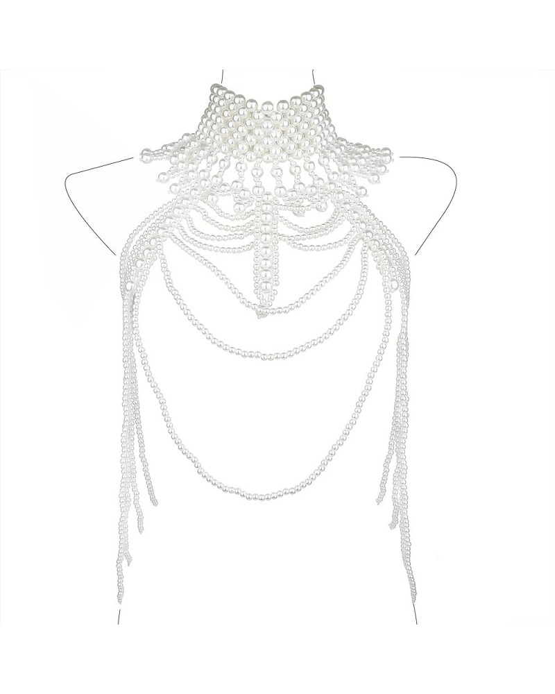 Pearl Body Chain Bra - Fashion Shoulder Necklaces Bra Chain Body Jewelry E-WHITE $17.69 Body Jewelry