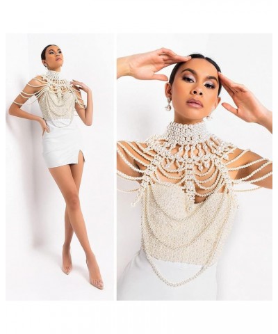 Pearl Body Chain Bra - Fashion Shoulder Necklaces Bra Chain Body Jewelry E-WHITE $17.69 Body Jewelry