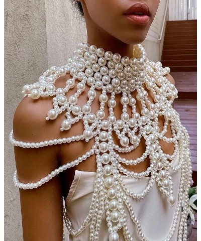 Pearl Body Chain Bra - Fashion Shoulder Necklaces Bra Chain Body Jewelry E-WHITE $17.69 Body Jewelry