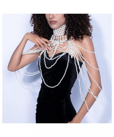 Pearl Body Chain Bra - Fashion Shoulder Necklaces Bra Chain Body Jewelry E-WHITE $17.69 Body Jewelry