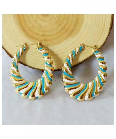 Multi Color Enamel Geometric Oval Hiphop Bamboo Hoop Earring for Women Jewelry blue $9.17 Earrings