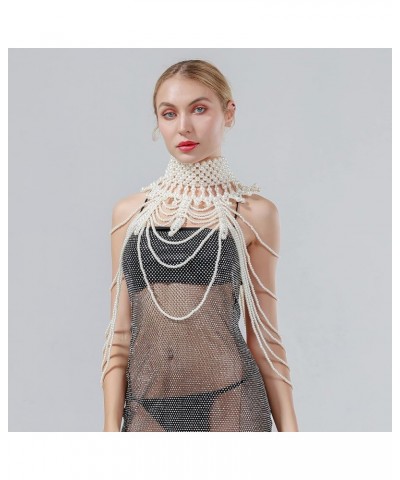 Pearl Body Chain Bra - Fashion Shoulder Necklaces Bra Chain Body Jewelry E-WHITE $17.69 Body Jewelry