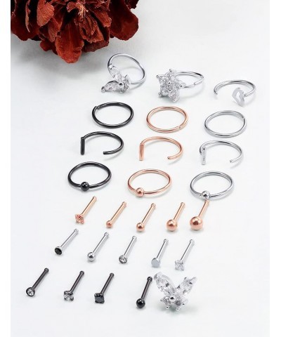 20G Nose Rings for Women Stainless Steel Bone L Shaped Nose Studs Screw Nose Rings CZ Heart Nose Ring Hoop Nose Rings Studs P...