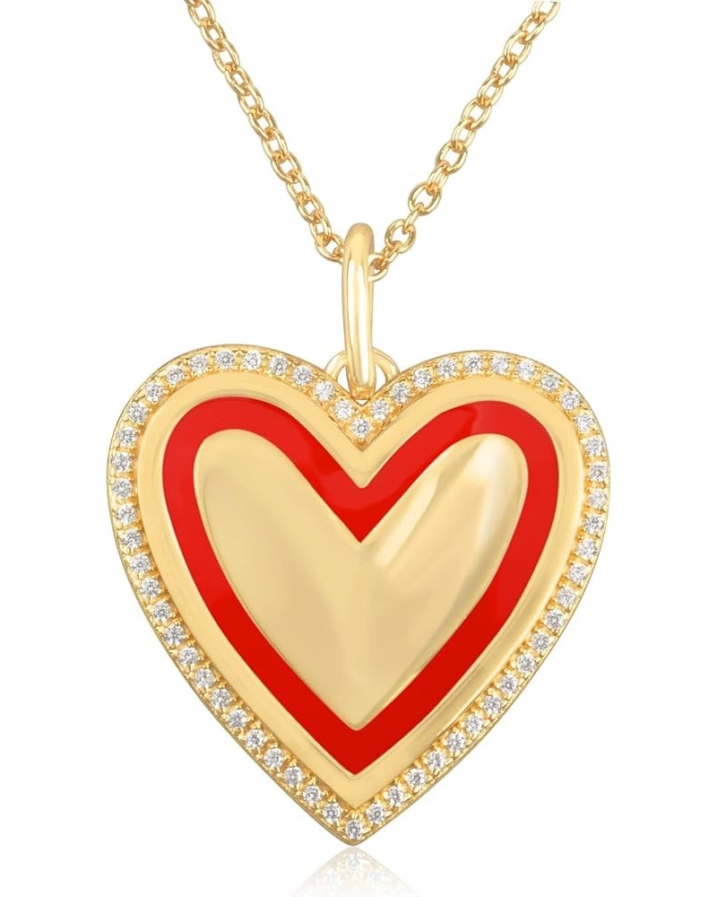 Gold Plated Sterling Silver Enamel CZ Heart Pendant Necklaces for Women Red Enamel $22.21 Necklaces