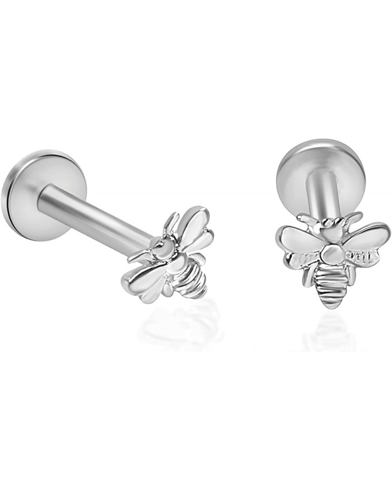 14k White Gold Bumblebee Stud Flat Back Earring Cartilage Piercing Jewelry For Women And Men Internally Threaded Lip Labret J...