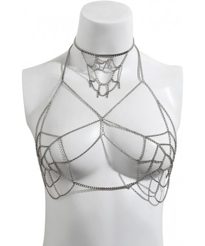 Metal Silver Mesh Bra Body Chain Goth Halloween Chest Chain Bikini Festival Underwear Chain Top Harness Body Chain Necklace J...