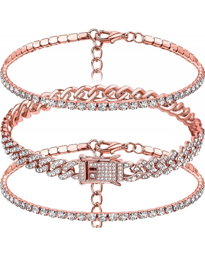 3 Pcs Anklets Bracelet for Women Adjustable Diamond Tennis Anklets for Girl Valentine's Day Wedding Rose Gold 9 Inch $10.07 A...