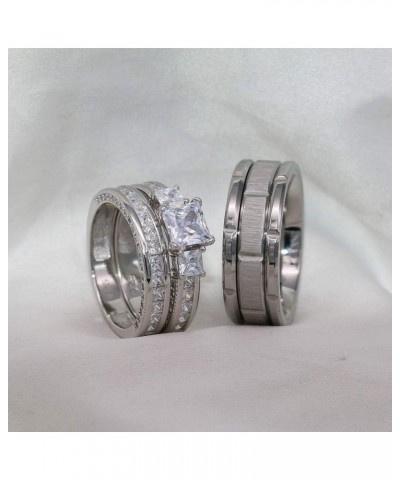 TWO RINGS Wedding Ring Sets His And Hers Promise Ring Couples Bridal Sets Women 925 Sterling Silver square Cz Man Stainless S...