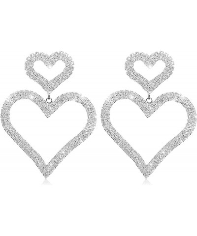 Rhinestone Heart Earrings Silver Sparkly Earrings Wedding Dangle Earrings for Women Big Heart Earrings Wedding for Bridal Sil...