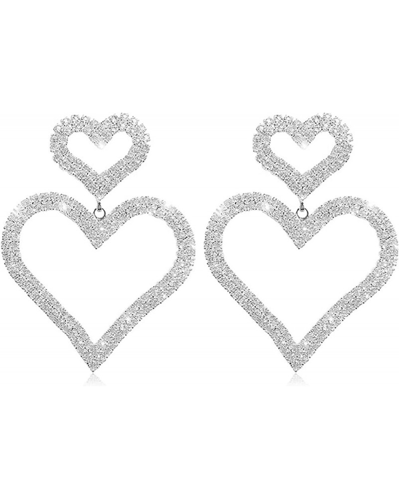 Rhinestone Heart Earrings Silver Sparkly Earrings Wedding Dangle Earrings for Women Big Heart Earrings Wedding for Bridal Sil...