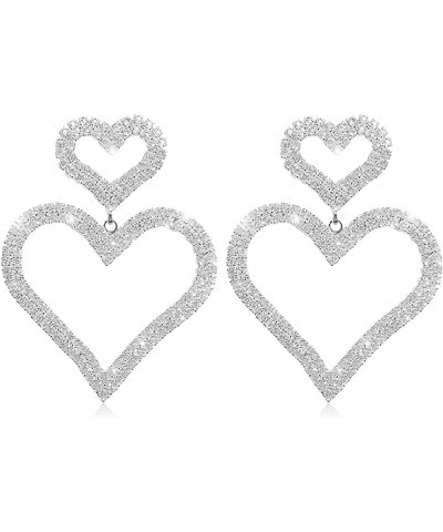 Rhinestone Heart Earrings Silver Sparkly Earrings Wedding Dangle Earrings for Women Big Heart Earrings Wedding for Bridal Sil...