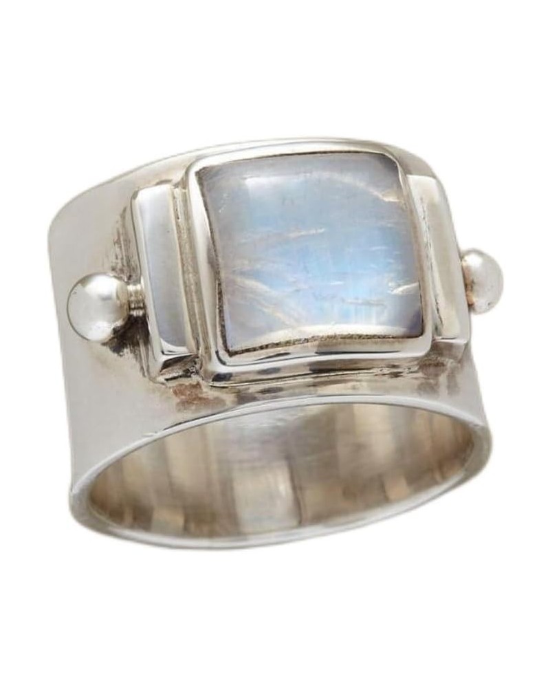 925 Sterling Silver Square Cut Moonstone Wide Band Ring Boho Vintage Rainbow Natural Moonstone Statement Solitaire Ring Retro...