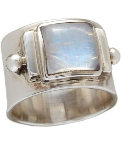 925 Sterling Silver Square Cut Moonstone Wide Band Ring Boho Vintage Rainbow Natural Moonstone Statement Solitaire Ring Retro...