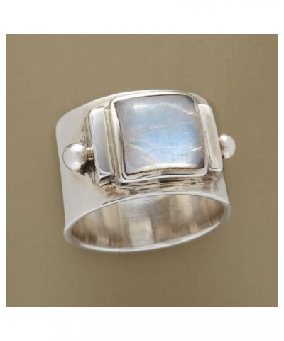 925 Sterling Silver Square Cut Moonstone Wide Band Ring Boho Vintage Rainbow Natural Moonstone Statement Solitaire Ring Retro...