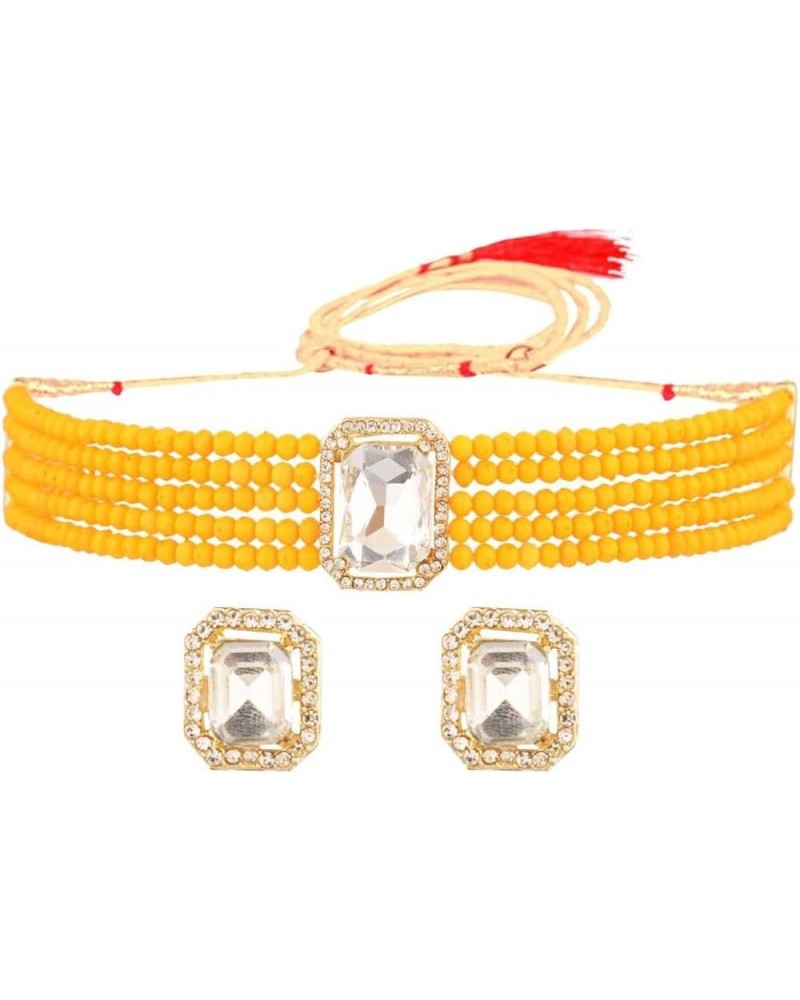 Indian Jewelry Bollywood Crystal Choker Necklace Earrings Wedding Jewelry Set for Women Girls Yellow $12.71 Jewelry Sets