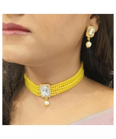 Indian Jewelry Bollywood Crystal Choker Necklace Earrings Wedding Jewelry Set for Women Girls Yellow $12.71 Jewelry Sets