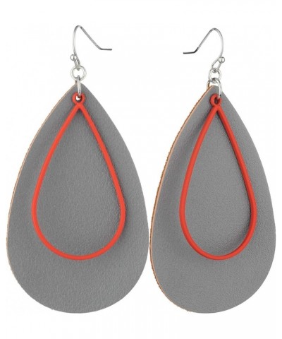 Women's Faux Leather Open Cut Metal Teardrop Dangle Pierced Earrings Gray/Orange $7.94 Earrings