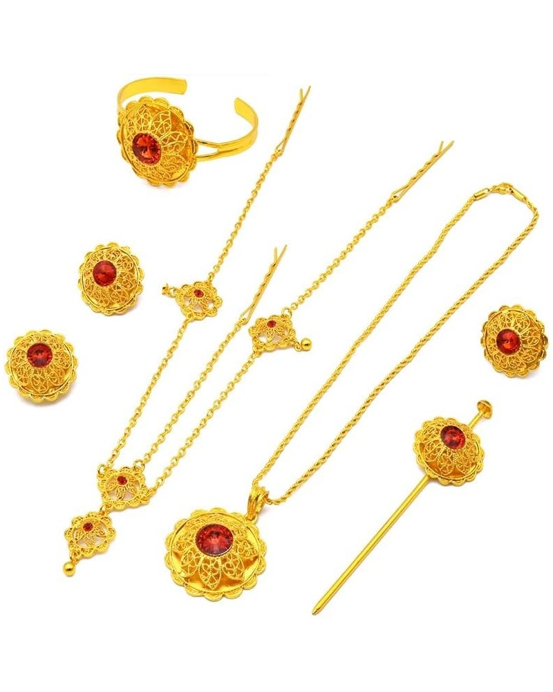 24K Gold Plated Ethiopian Jewelry Sets for women Wedding Party Bridesmaid Habesha Necklace Ring Hairpin Bracelet Earrings 6pc...