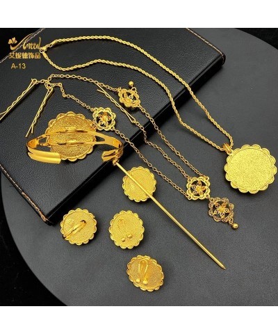 24K Gold Plated Ethiopian Jewelry Sets for women Wedding Party Bridesmaid Habesha Necklace Ring Hairpin Bracelet Earrings 6pc...