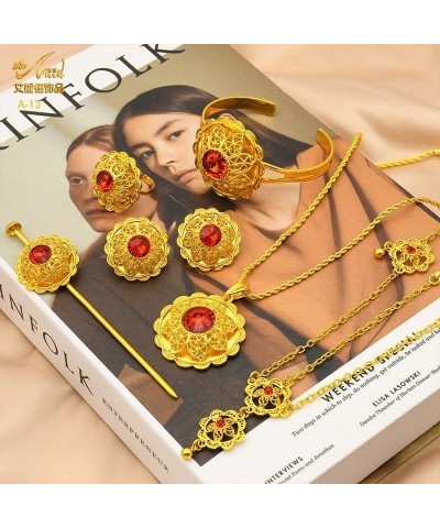 24K Gold Plated Ethiopian Jewelry Sets for women Wedding Party Bridesmaid Habesha Necklace Ring Hairpin Bracelet Earrings 6pc...