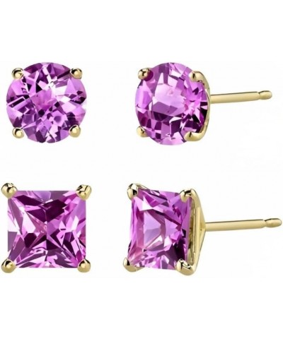 18k Yellow Gold 2 Pair Created Pink Sapphire 6mm Round & Princess Cut Stud Earrings Plated $9.45 Earrings