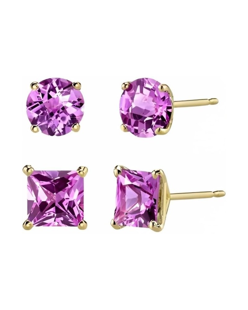 18k Yellow Gold 2 Pair Created Pink Sapphire 6mm Round & Princess Cut Stud Earrings Plated $9.45 Earrings