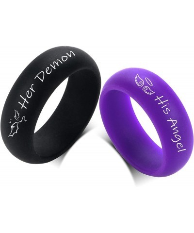 Silicone Couple Rings Her Demon & His Angel Matching Ring Set for Him Her 8MM Black & Purple Breathable Silicone Rubber Dome ...