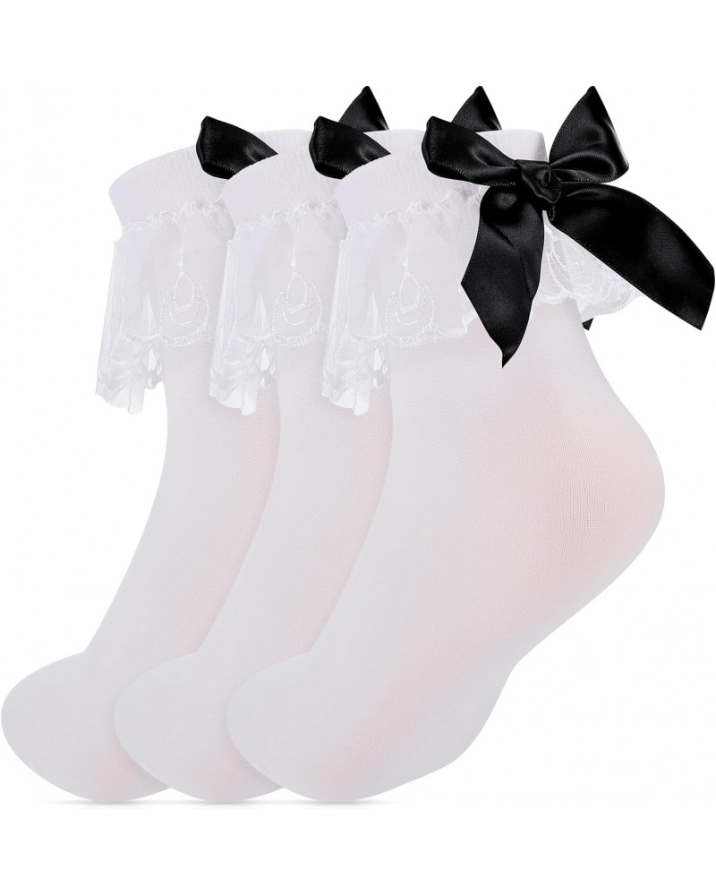 3 Pairs Women's White Lace Ruffles Bobby Socks,frilly Socks Women with Black Bow, White Ruffled Anklet Socks Women with Bows ...