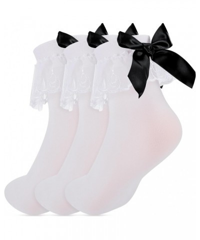 3 Pairs Women's White Lace Ruffles Bobby Socks,frilly Socks Women with Black Bow, White Ruffled Anklet Socks Women with Bows ...