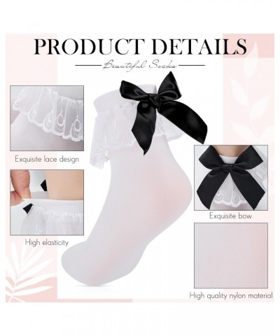 3 Pairs Women's White Lace Ruffles Bobby Socks,frilly Socks Women with Black Bow, White Ruffled Anklet Socks Women with Bows ...