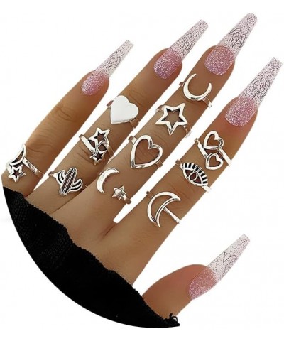 11-14 Pcs Silver Knuckle Stackable Finger Ring,Cute Cat Paw Joint Midi Rings,Hollow Star Moon Rings,Love Heart Cactus Open Ri...