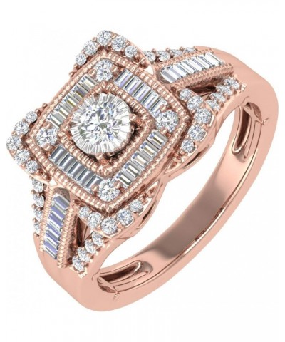 1/2 Carat Round & Baguette Shape Diamond Cushion Shaped Halo Ring in 10K Gold Rose Gold $116.25 Rings