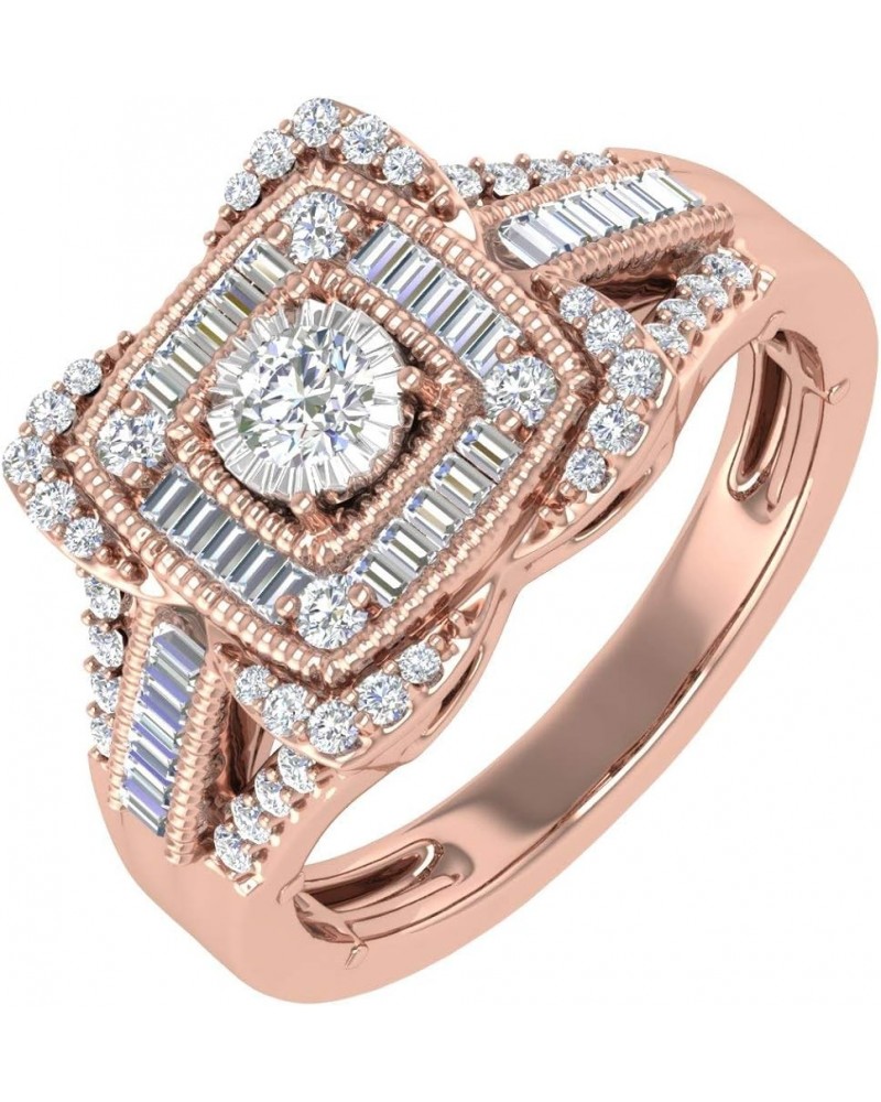 1/2 Carat Round & Baguette Shape Diamond Cushion Shaped Halo Ring in 10K Gold Rose Gold $116.25 Rings