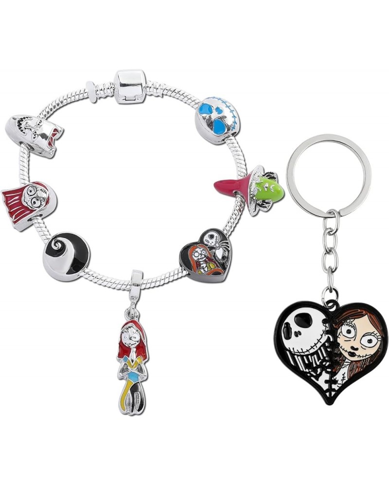 Nightmare Before Christmas Charm Bracelet - Jack Skellington and Sally Skull Enamel Charm Beads with Snake Chain Bracelet, Ha...