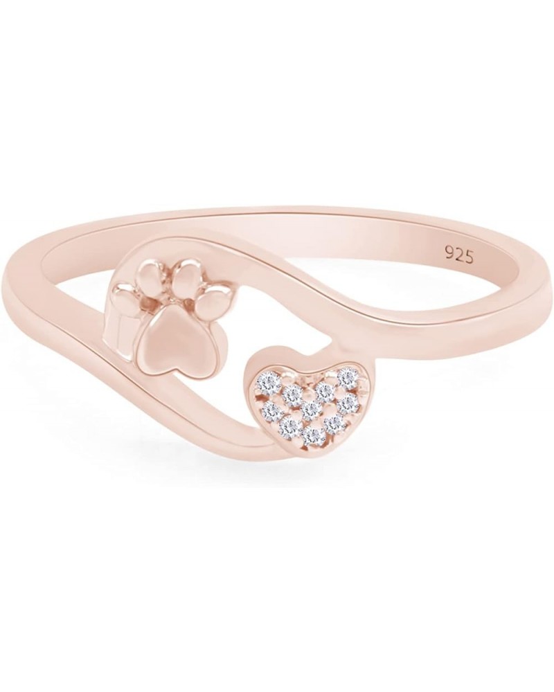 White Natural Diamond Accent Paw Print Heart Ring in 14k Gold Over Sterling Silver (I-J Color, 0.03 Cttw) rose-gold-plated-si...