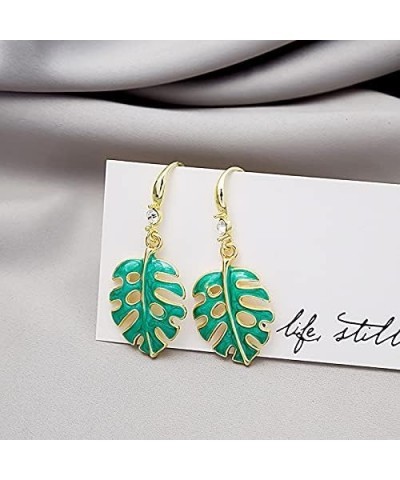 Green Enamel Fresh Monstera Leaf Earrings Tropical Palm Tree Dangle Earrings green-2 $8.62 Earrings