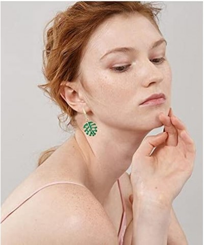 Green Enamel Fresh Monstera Leaf Earrings Tropical Palm Tree Dangle Earrings green-2 $8.62 Earrings