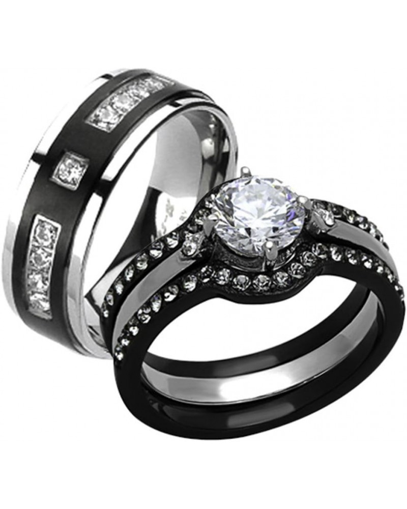 His and Her 4 Piece Black and Silver Stainless Steel and Titanium Wedding Ring Band Set Size Women's 05 Men's 11 $20.91 Sets