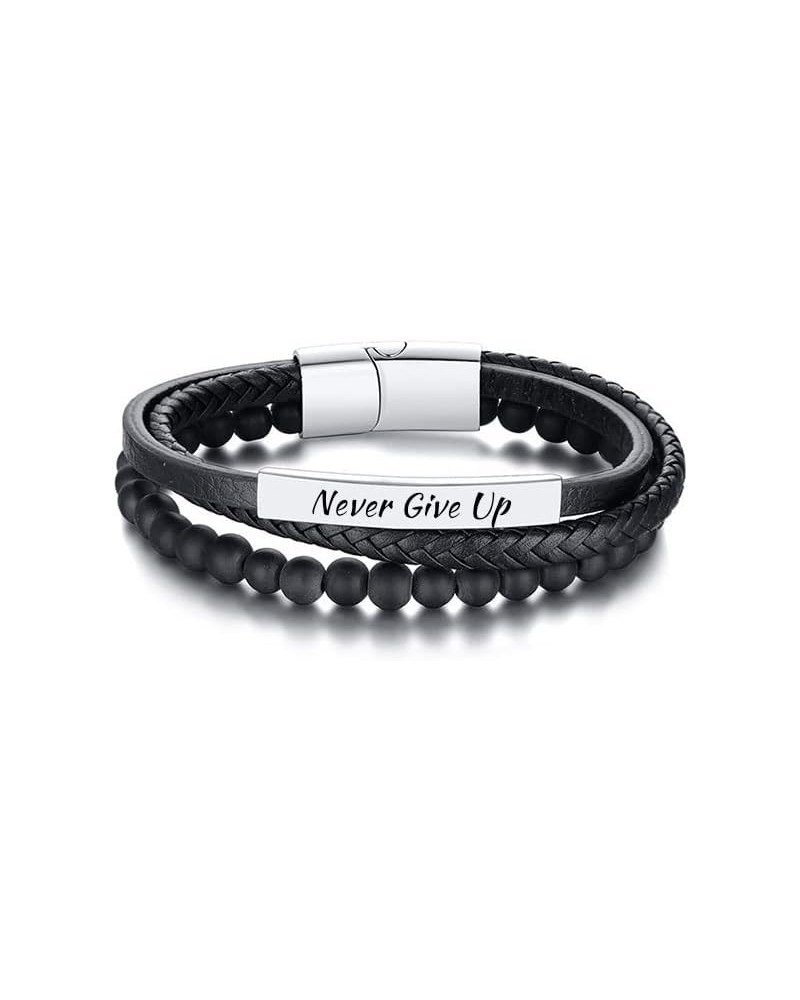 QINGDUO Motivational Bracelet for Women Men-Black Leather& Beaded Multilayer Braided Leather Inspirational Bracelet for Dad H...