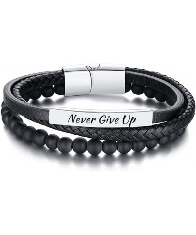 QINGDUO Motivational Bracelet for Women Men-Black Leather& Beaded Multilayer Braided Leather Inspirational Bracelet for Dad H...