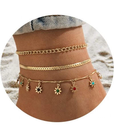 Honsny Gold Ankle Bracelets for Women,14K Gold Plated Cuban Link Anklets Set Layered Anklets for Women 3PCS:Colorful Flower $...