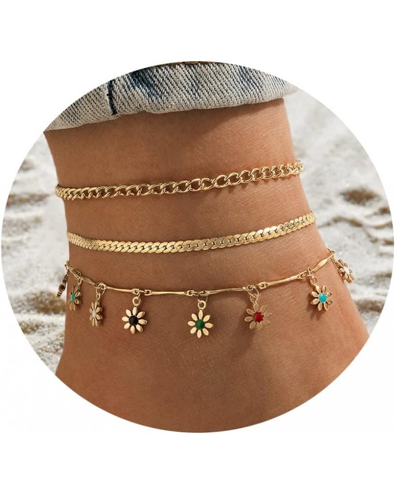 Honsny Gold Ankle Bracelets for Women,14K Gold Plated Cuban Link Anklets Set Layered Anklets for Women 3PCS:Colorful Flower $...