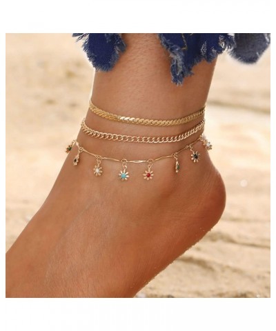 Honsny Gold Ankle Bracelets for Women,14K Gold Plated Cuban Link Anklets Set Layered Anklets for Women 3PCS:Colorful Flower $...