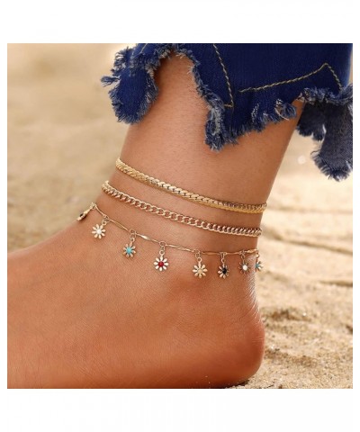 Honsny Gold Ankle Bracelets for Women,14K Gold Plated Cuban Link Anklets Set Layered Anklets for Women 3PCS:Colorful Flower $...