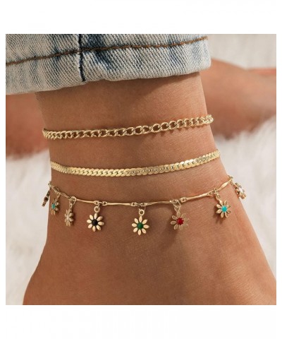 Honsny Gold Ankle Bracelets for Women,14K Gold Plated Cuban Link Anklets Set Layered Anklets for Women 3PCS:Colorful Flower $...