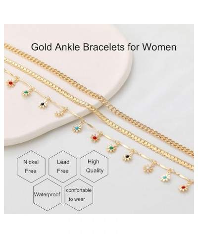 Honsny Gold Ankle Bracelets for Women,14K Gold Plated Cuban Link Anklets Set Layered Anklets for Women 3PCS:Colorful Flower $...