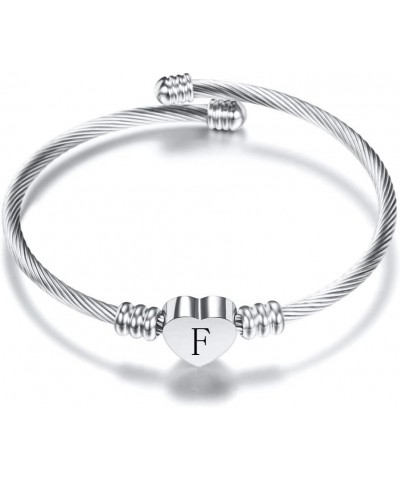 Stainless Steel Cable Wire Heart Charm Alphabet Initial Letters Adjustable Size Bangle Bracelet Silver-F $7.19 Bracelets