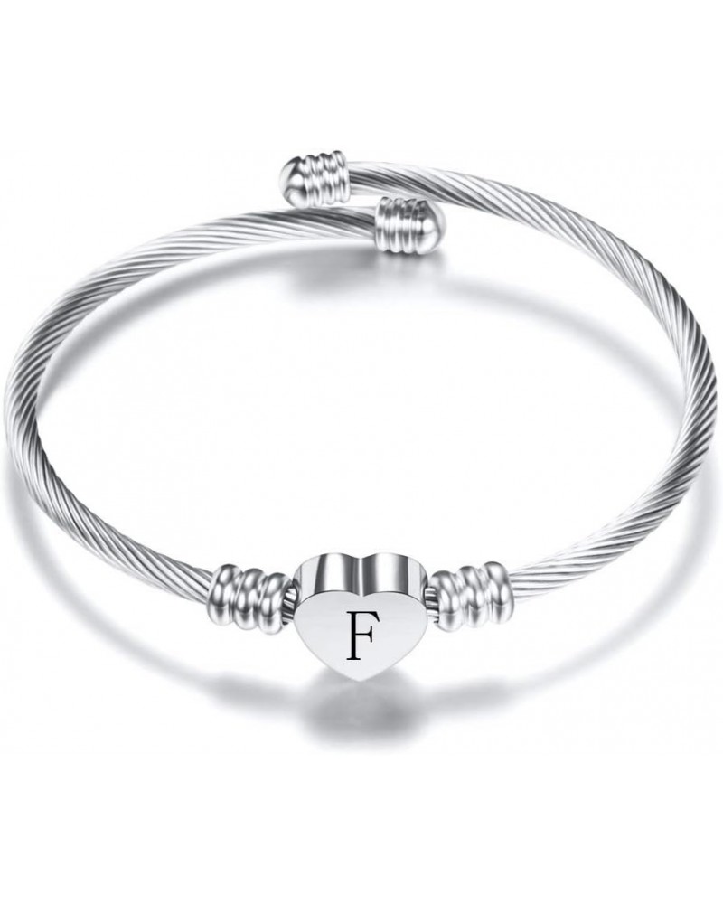 Stainless Steel Cable Wire Heart Charm Alphabet Initial Letters Adjustable Size Bangle Bracelet Silver-F $7.19 Bracelets