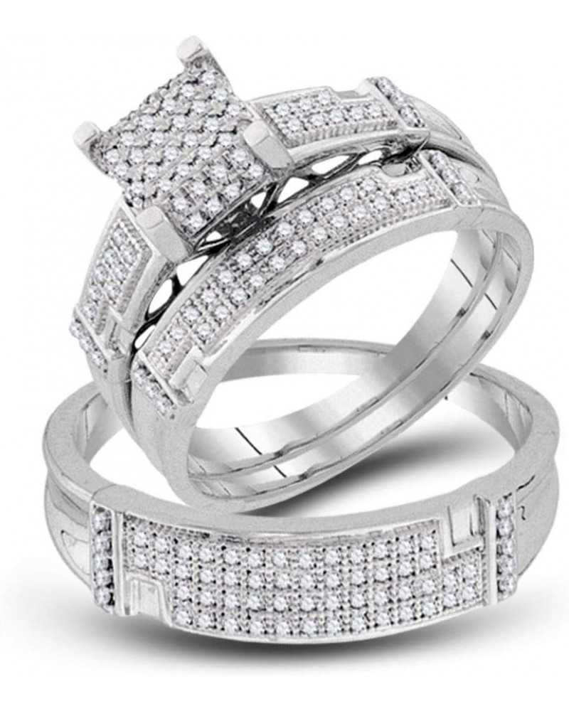 10kt White Gold Trio His & Hers Round Diamond Square Matching Bridal Wedding Ring Band Set 1/2 Cttw Women 9 Mens 13 $294.06 Sets