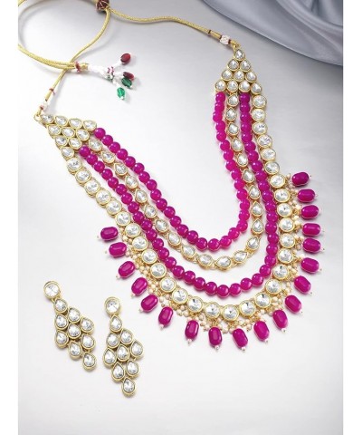 Multi Layered Faux Kundan Beaded Necklace Earrings Maang Tikka Indian Ethnic Bollywood Jewelry Set for Women Rani Pink $15.98...